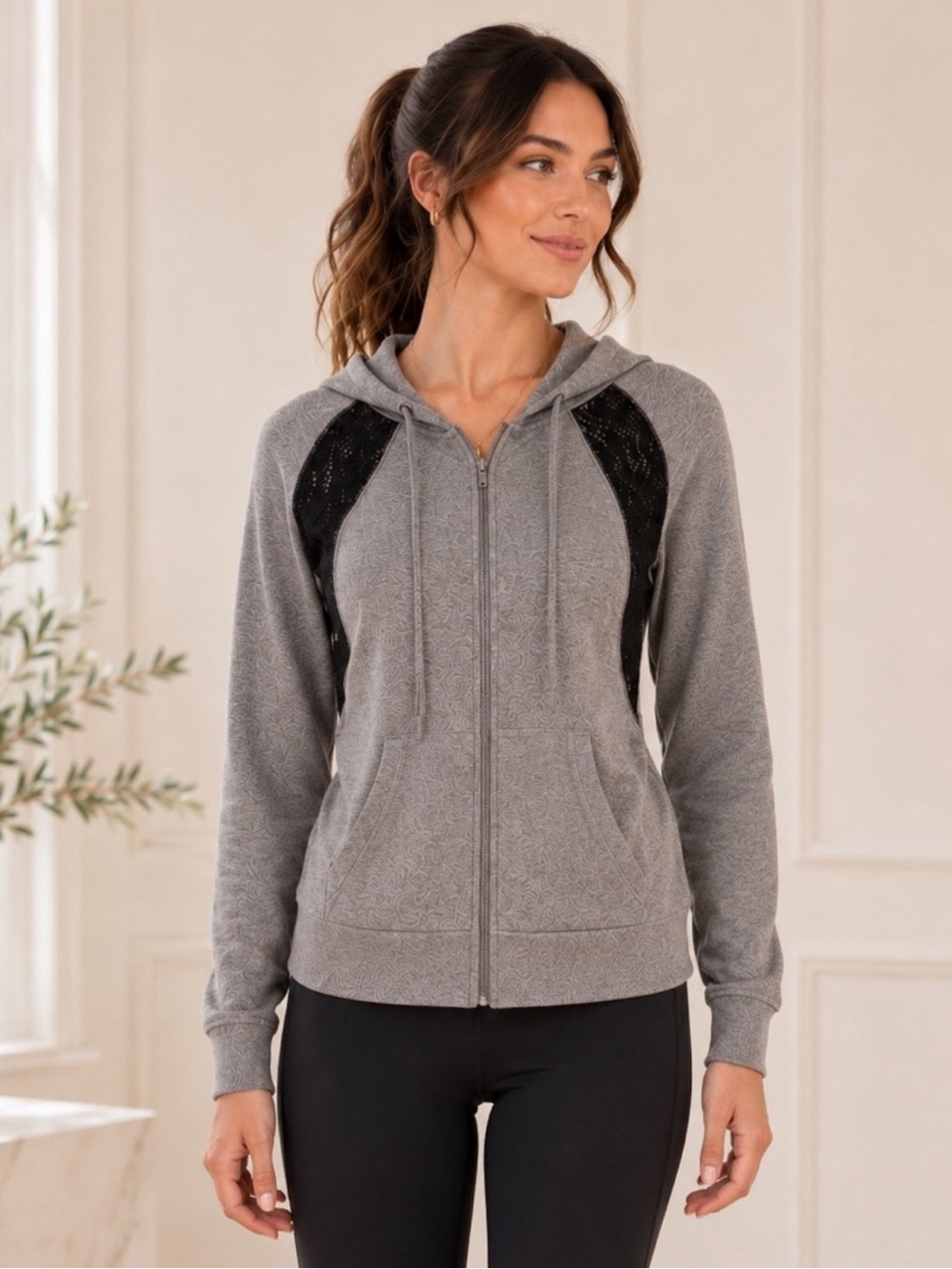 DKNY Jeans Gray Lace Panel Zip Hoodie Jacket Large Athleisure Casual Chic NWT L